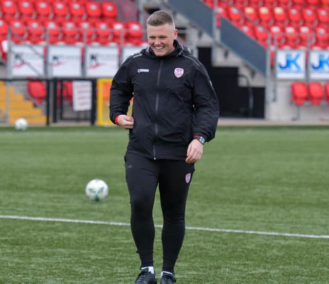 First team coach Conor Loughrey is all smiles during Derry City's training.