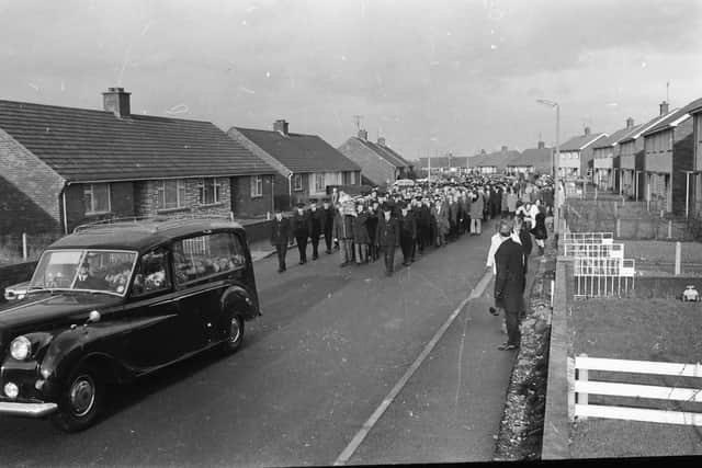 William 'Bill' Baggley's coffin is borne along Blackburn Crescent in February 1974.