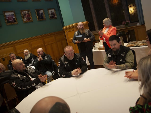Kevin Kelly, The Outlaws Motorcycle Club thanking the Mayor, Sandra Duffy on Friday night .
:.