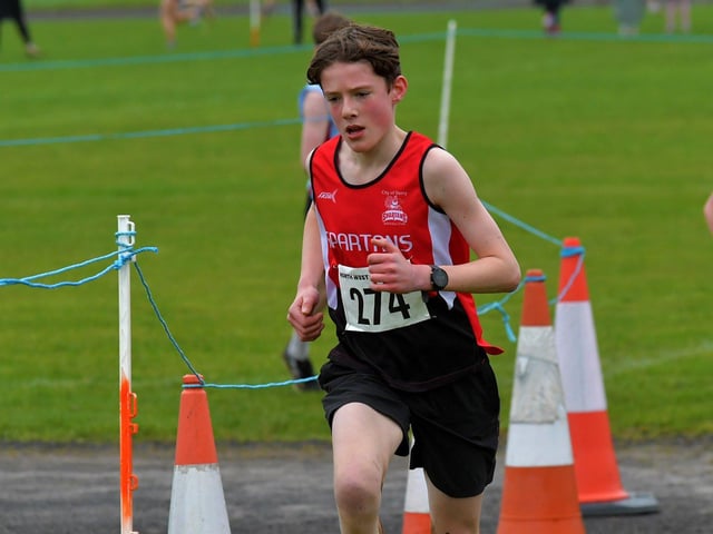 Spartans’ Karl Murphy (274) competing in the U15/U17 3k  race at Thornhill College. Photo: George Sweeney