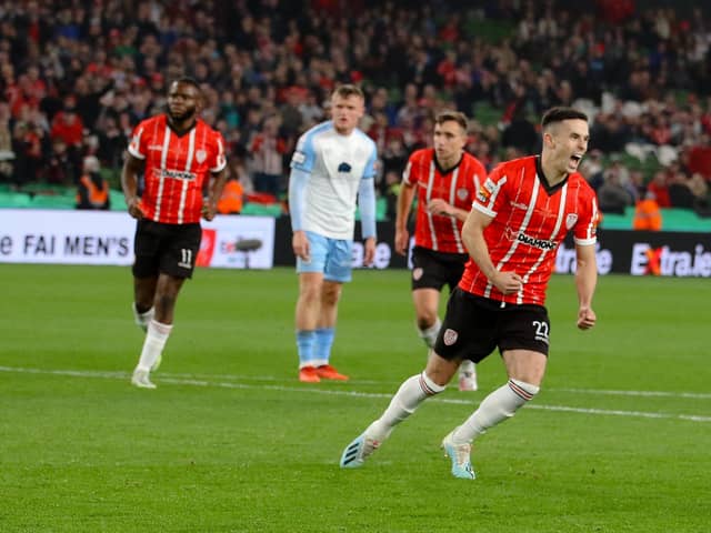 Jordan McEneff races away to celebrate his stoppage time penalty in Sunday's FAI Cup Final against his former club Shelbourne. Photo by Kevin Moore.