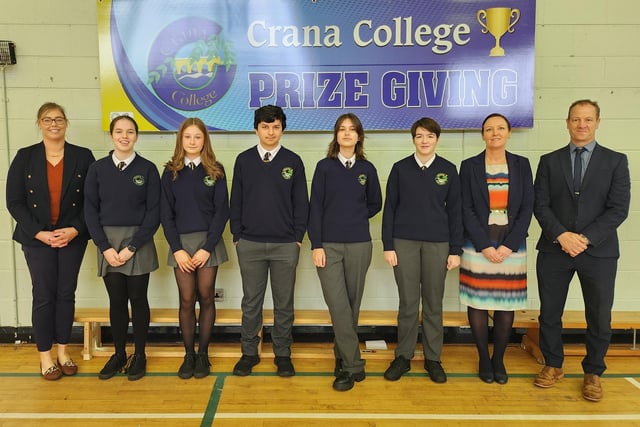 Students who Achieved Multiple Distinctions at Junior Cycle 2023 with Kevin Cooley - Principal, Sinead Anderson - Deputy Principal and, Clare Bradley - Board of Management.