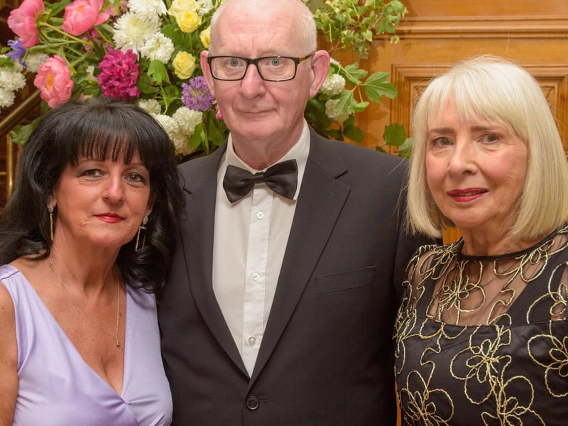 The Mayor Councillor Patricia Logue hosted the annual Mayor’s Ball in the Guildhall in aid of her crossed Charities the Foyle Hospice and Ryan McBride Foundation. Pictured at the event are guests, Catherine McEleney, John McGuinness and Geraldine McGuinness Picture Martin McKeown. 24.05.24