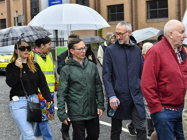 SDLP Colrs Sean Mooney and Rory Farrell attend the Derry Housing Action Committee protest march over housing crisis on Saturday afternoon. Photo: George Sweeney