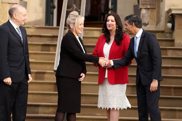Chris Heaton-Harris, Secretary of State for Northern Ireland, First Minister Michelle O'Neill, Deputy First Minister Emma Little-Pengelly and Rishi Sunak, Prime Minister at Stormont Castle.
