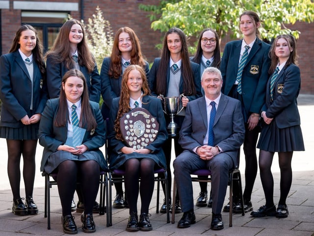 Top Performing Student in Each Subject. Front Row: Megan Kelly, Sarah Hunter, Mr G. White (Senior Teacher). Back Row: Rhea Connolly, Sophie Duffy, Erin McBride, Anna McDaid, Eva Morris, Isabelle Scott, Leia Whitman.