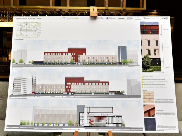 Project designs for the WHSCT’s development proposal for a Cityside Health and Care Centre, at the former Fort George site, displayed at an public Consultation Event held in Da Vinci’s Hotel. Photo: George Sweeney