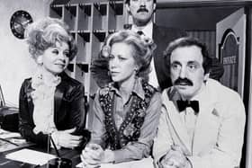 The cast of Fawlty Towers actors Prunella Scales, Connie Booth, John Cleese and Andrew Sachs on the BBC set whilst filming the comedy show in London, UK, on Thursday, January 18, 1979. (Photo by Bryn Colton/Getty Images)
