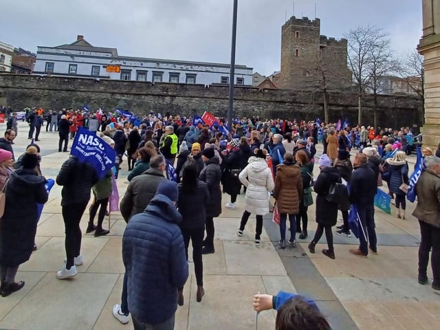 Hundreds of workers at the strike rally in Derry on Tuesday.