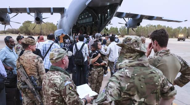 The evacuation of British Nationals onto an awaiting RAF aircraft at Wadi Seidna Air Base in Khartoum, Sudan at the weekend.