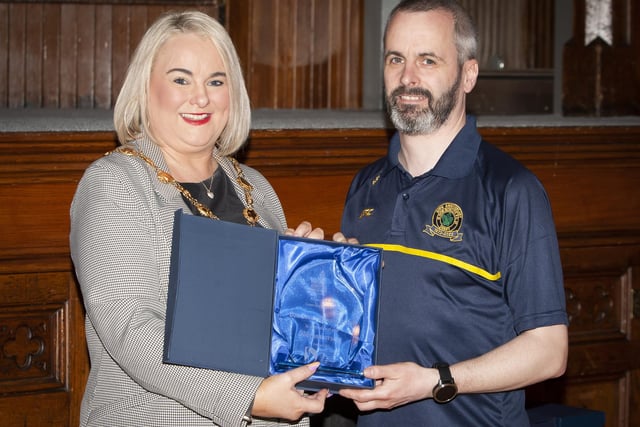 The Mayor, Sandra Duffy making a special presentation to Marty Crumley, chairman, Don Bosco FC to mark the club’s 50th Anniversary, during Friday’s Mayoral Reception.