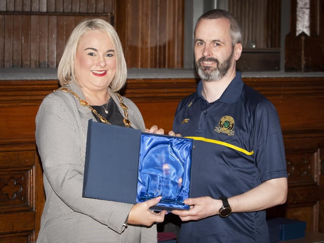 The Mayor, Sandra Duffy making a special presentation to Marty Crumley, chairman, Don Bosco FC to mark the club’s 50th Anniversary, during Friday’s Mayoral Reception.