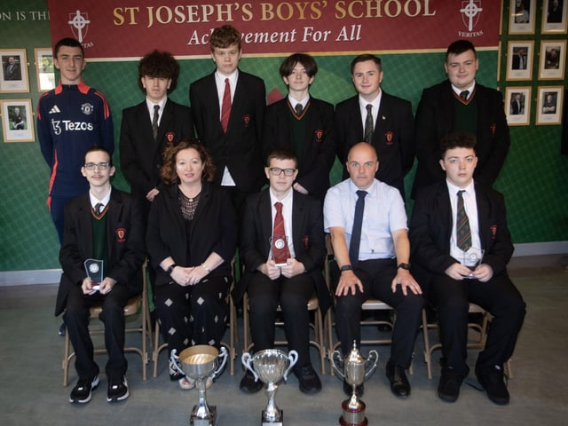 Head of Senior School, Mr Kevin Thompson with the winners of the Year 11 Class Awards for commitment and achievement. Included is Mrs. Mary Jo Shields, Senior Teacher.