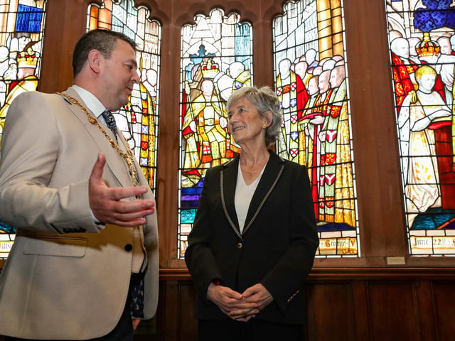 Irish President Catherine and the Mayor of Derry and Strabane Councillor Ruairí McHugh at the coronation window in the Guildhall. Photo Lorcan Doherty