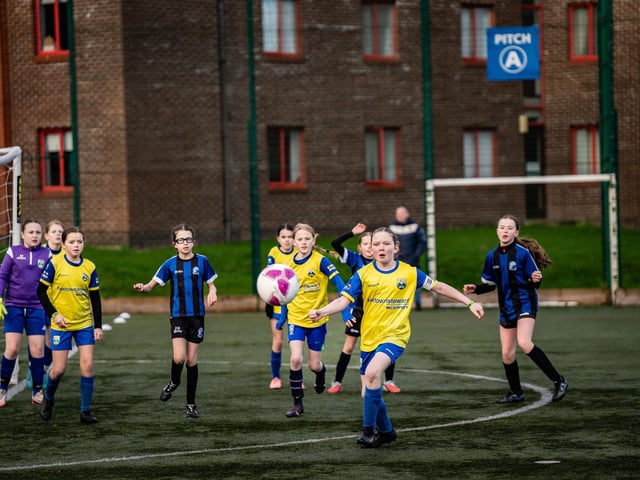 Raphoe Town take on Aileach FC at the inaugural North West U12 Charity Cup at Ulster University's Duncreggan Road pitches. (Photo: Rodi Jeerasoo)