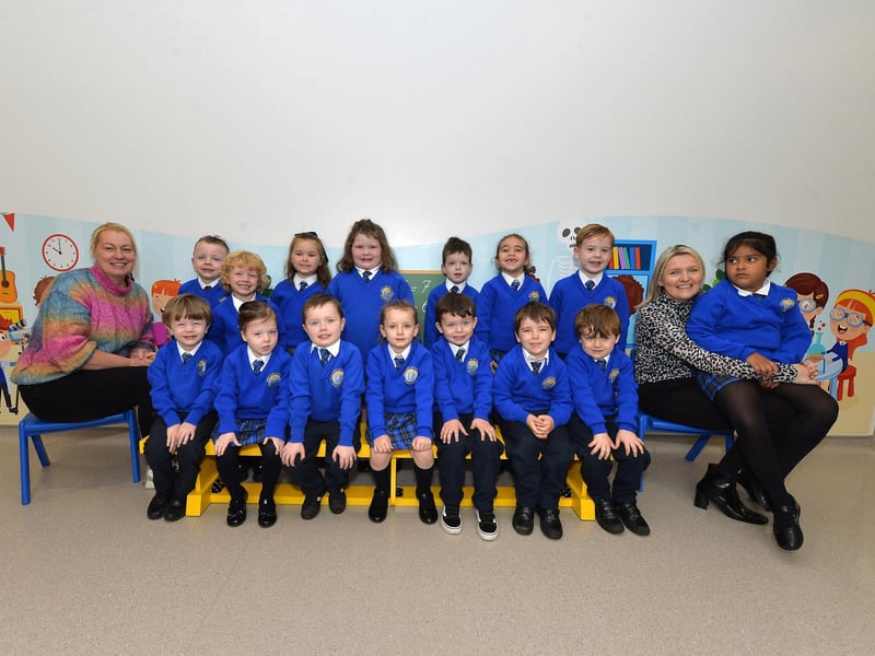 Mrs McNicholl (right) and her P1 class at Our Lady of Fatima Primary School. Included in the photo is Miss McLaughlin classroom assistant.