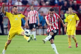 Derry City's Mark Timlin fires a shot at goal before Shakhtyor Soligorsk's Illia Galiuza could challenge during their Europa League encounter. Picture by Lorcan Doherty/Presseye.com