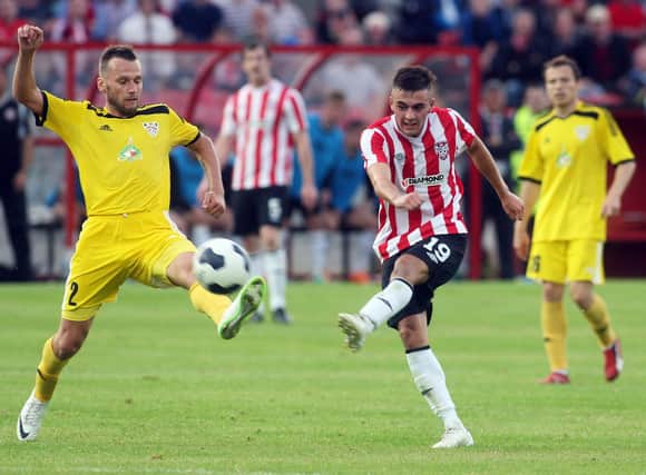 Derry City's Mark Timlin fires a shot at goal before Shakhtyor Soligorsk's Illia Galiuza could challenge during their Europa League encounter. Picture by Lorcan Doherty/Presseye.com