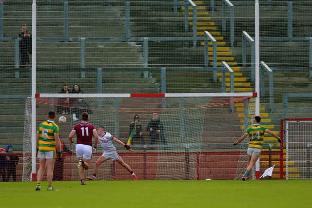 Glenullin’s Eoin Bradley scores a goal from an extra time penalty against Banagher during Sunday afternoon’s IFC final in Celtic. Photo: George Sweeney