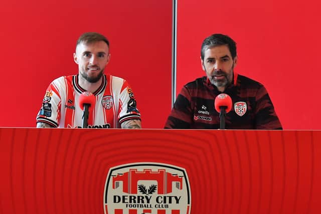New signing Carl Winchester with Derry City manager Tiernan Lynch. Photograph: George Sweeney