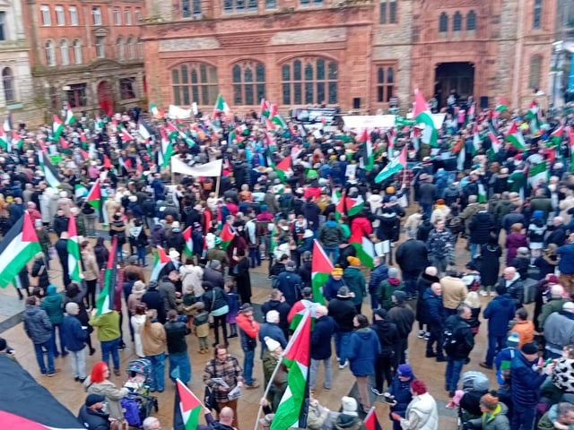 Thousands participate in Derry rally for Palestine calling for a ceasefire in Gaza on January 13, 2024