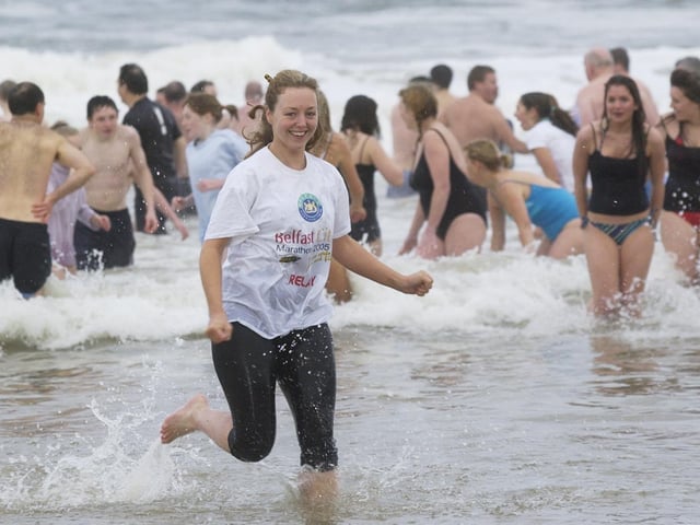 Helen Lyness takes the cold water in her stride. (0301PG07) : Culdaff New Year's Day Swim in 2006.