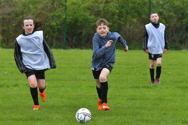 Soccer skills on show at the Derry City Easter Camp, on Tuesday,  at Broadbridge Primary School. Picture: George Sweeney. DER2315GS – 125