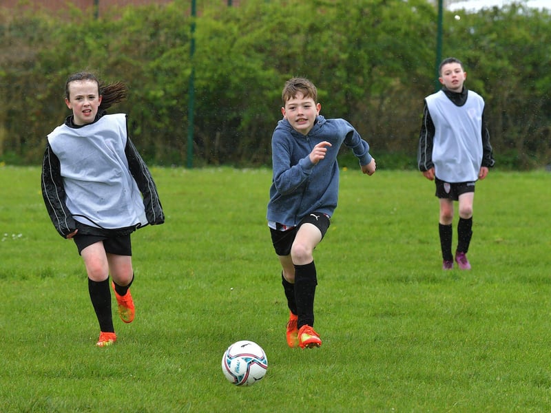 Soccer skills on show at the Derry City Easter Camp, on Tuesday, at Broadbridge Primary School. Picture: George Sweeney. DER2315GS – 125