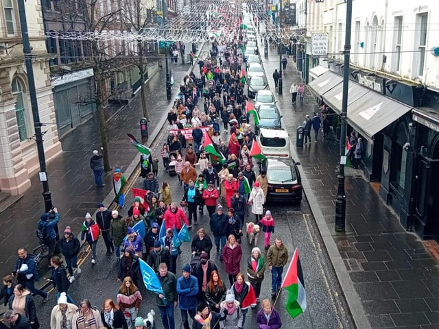 Thousands participate in Derry rally for Palestine calling for a ceasefire in Gaza on January 13, 2024