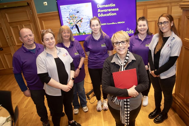 DEEDS Co-Ordinator Sinead Devine pictured with members of the team who delivered the Dementia Immersive Experience Tier 1 Programme to the Mayor and Councillors from Derry City and Strabane District Council on Monday last at the Guildhall. included from left, John Barrett, Eilish Brown, Marie Ward, Kathleen mcNaught, Wendy McLaughlin and Sabrina Lynch, Preoject Manager, Old Library Trust. (Photos: Jim McCafferty Photography)