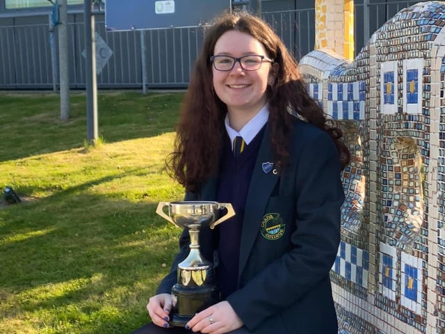 Meabh McConalogue winner of the Irish Storytelling and Bursary, 2nd place Irish Comhra and 3rd place Studied Prose over 15.