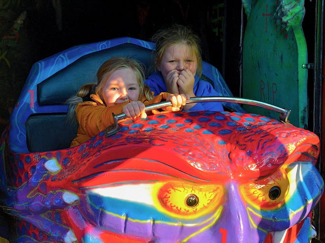 Putting on a brave face at the spooky roller ghoster at Cullen's Halloween Funfair in Ebrington Square. Photo: George Sweeney.  DER2243GS – 058