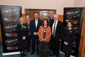 Pictured at the recent launch of the Derry Journal Best of Derry BetMcLean Awards in the Guildhall are, from left, Yvonne Greer, Specsavers, Louise Strain, Derry Journal, Steve Frazer, Managing Director of City of Derry Airport, Mayor Patricia Logue, William Allen, Senior Editor and Head of Print Derry Journal, Paul McLean, principle sponsor and Managing Director of Betmclean and Stacey Elliott, Specsavers.  Photo: George Sweeney