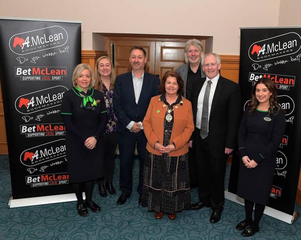 Pictured at the recent launch of the Derry Journal Best of Derry BetMcLean Awards in the Guildhall are, from left, Yvonne Greer, Specsavers, Louise Strain, Derry Journal, Steve Frazer, Managing Director of City of Derry Airport, Mayor Patricia Logue, William Allen, Senior Editor and Head of Print Derry Journal, Paul McLean, principle sponsor and Managing Director of Betmclean and Stacey Elliott, Specsavers.  Photo: George Sweeney