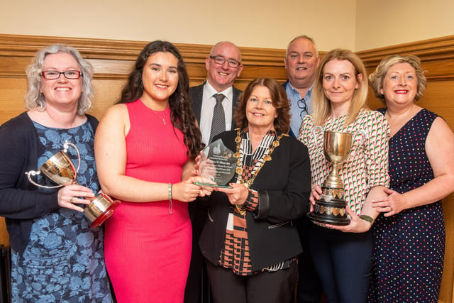 The Mayor Councillor Patricia hosted a reception for Róise ni Mhurchú who brought home two gold medals from the All Ireland Fleadh in Irish Singing and lilting, unaccompanied vocal music. Included are Róise’s parents, Caitriona and Marcas, Brian O Dónáll, Doreen Curran and Oonagh Harrigan, coaches. Picture Martin McKeown. 31.08.23