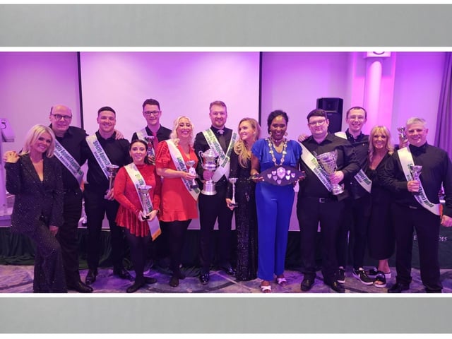 Mayor Lilian picture with contestants who took part in Strictly Agnes Webb, Dominic Barr, Tony Zammit, Elissa Newton, Seán Higgenbotham, Emma Melaugh Kelly, Richard Rosborough, Billy Coyle, Cuan Higgenbotham and Gerald White. Also included Elan Campbell, Roisin Rosborough and Rosetta McConomy.