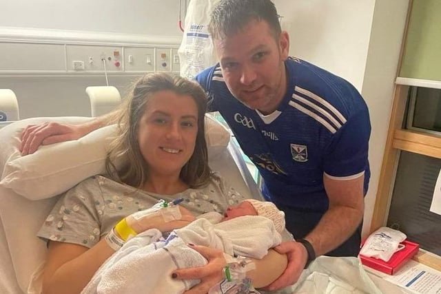 Baby Molly Guns with mum Kate Guns and dad Joe Campbell from Greysteel, Derry. Molly was the first baby born in Northern Ireland at Altnagelvin Hospital at 20 seconds past midnight,  weighing 7lbs 7oz.