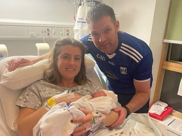 Baby Molly Guns with mum Kate Guns and dad Joe Campbell from Greysteel, Derry. Molly was the first baby born in Northern Ireland at Altnagelvin Hospital at 20 seconds past midnight, weighing 7lbs 7oz.