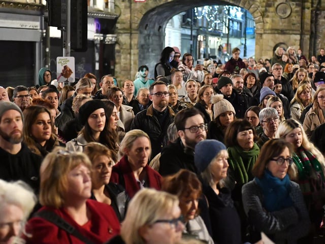 Some of the large attendance at the Rally for Womens Safety held in the Guildhall Square on Friday evening. Photo: George Sweeney