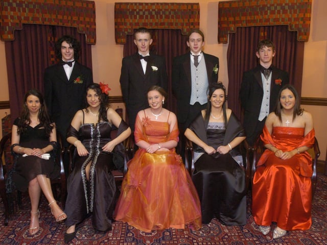 Seated, from left, Laura McConnell, Roseanne Dowling, Laura Crowley, Louise Doherty, and Kerrie Ferguson. Standing, from left, Patrick Grant, Michael Caldwell, Dominic McGlynn, and Christopher Donnelly. (1801PG08) : Scoil Mhuire Formal  in January 2005.