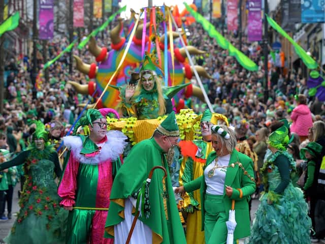 The Derry St Patrick’s Day parade makes its way towards the city centre on Friday afternoon. Photo: George Sweeney. DER2311GS – 60