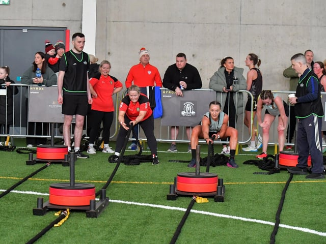 Competitors in the Maiden City Hyrox 3.0 Fitness Challenge held at Sean Dolans GAC on Saturday. Photograph: George Sweeney