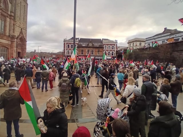 Thousands participate in Derry rally for Palestine calling for a ceasefire in Gaza on January 13, 2024