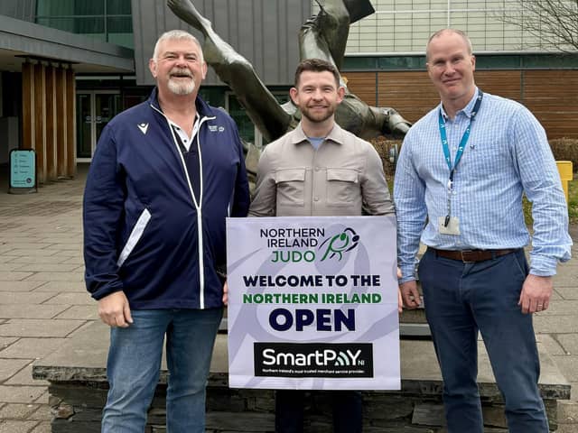 Launching the 2024 NI Judo Open at the Foyle Arena are, from left,  Russell Brown (Chair NI Judo), Marc McLaughlin (Sales Director SmartPay NI) and Leisure and Sport Operations Manager at DCSDC Steve Setterfield.