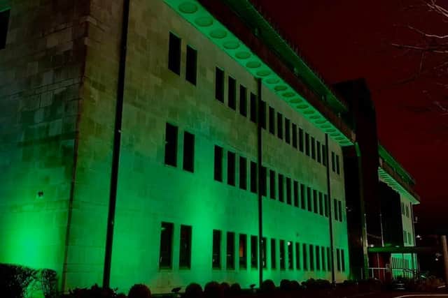 The Council offices were lit green to symbolise the Srebrenica flower.