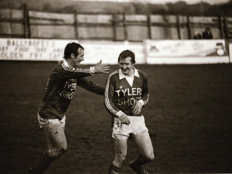Tom McGuinness congratulates Joe Logan after his hat-trick in Finn Harps' 6-2 victory over Home Farm in Ballybofey.