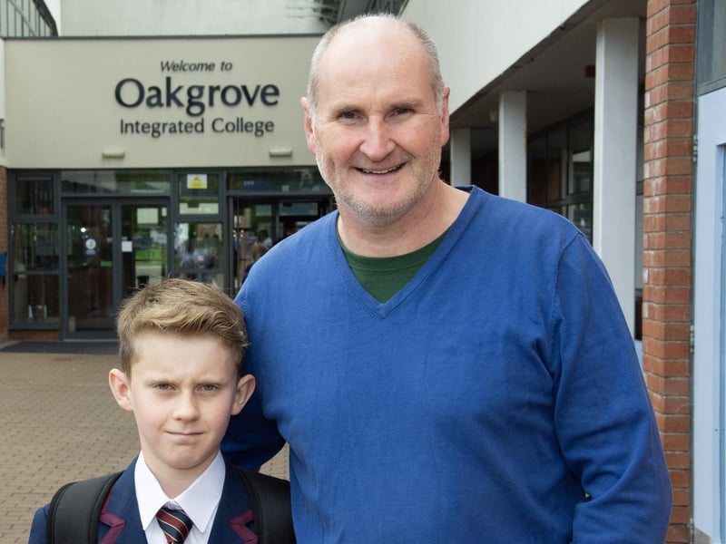 Year 8 student Callum Taggart-Trainor and his dad Kevin pictured on Friday morning at Oakgrove Integrated College.