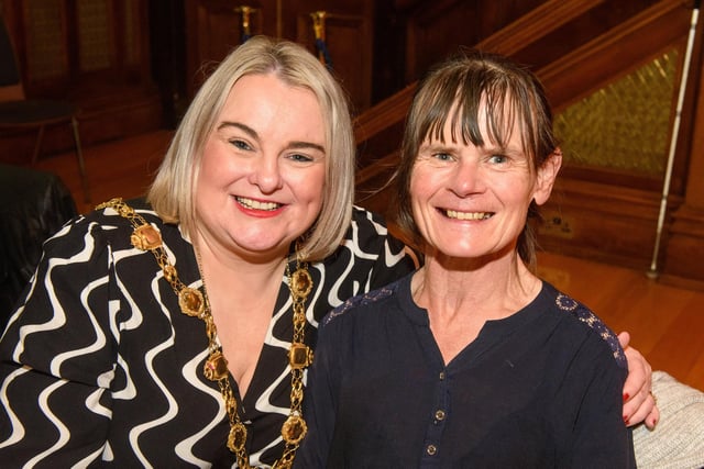 Jenny Maguire with the Mayor Councillor Sandra Duffy as she welcomed people to the Guildhall as she hosted another popular Derry City and Strabane District Council Tea Dance. Picture Martin McKeown. 09.11.22:.:The Mayor's Tea Dance