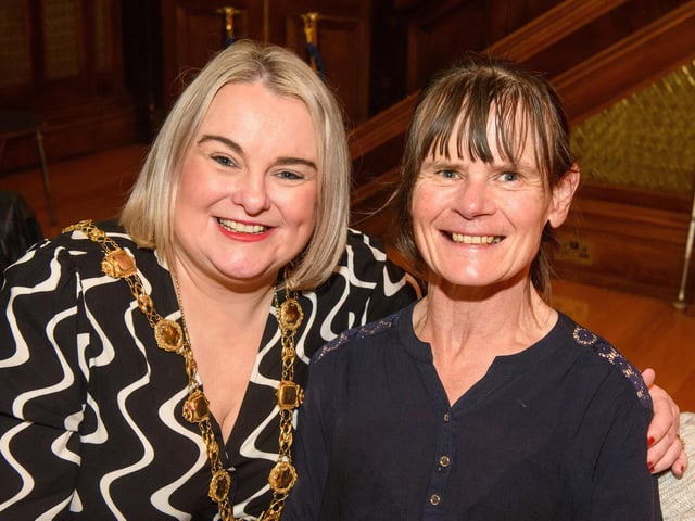 Jenny Maguire with the Mayor Councillor Sandra Duffy as she welcomed people to the Guildhall as she hosted another popular Derry City and Strabane District Council Tea Dance. Picture Martin McKeown. 09.11.22:.:The Mayor's Tea Dance