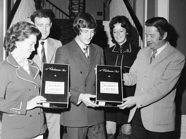 From left, Mrs. Norman O'Hara, Mr. Frank Friel, Mr. Noel McManmon, Mrs. Moya McBride and Mr. Norman O'Hara, with boxes made by Speediprint for Clubman Shirts Ltd.